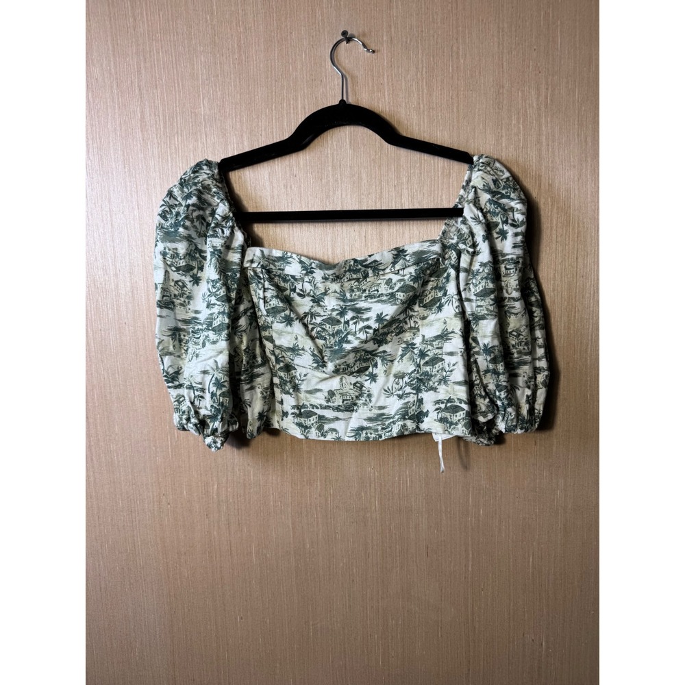 Abercrombie & Fitch Medium Palm Print Linen Blend Puff Sleeve Crop Top